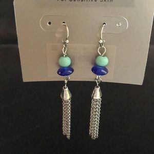 New French hook dangle chain bead earrings blue boho festival